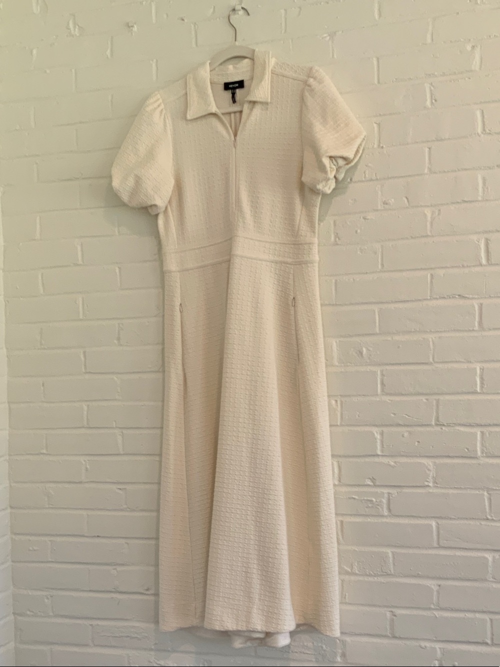 ME+EM Cream Textured Midi Dress with Puff Sleeves and Collar